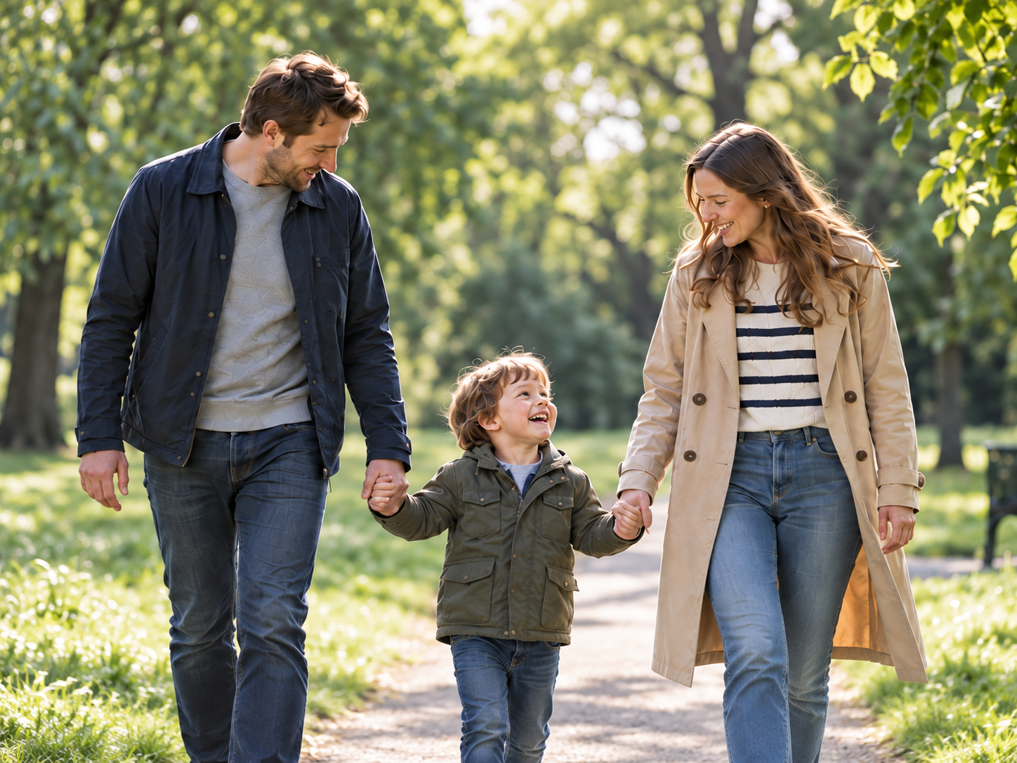 Parents and their young child enjoying a walk together in a park